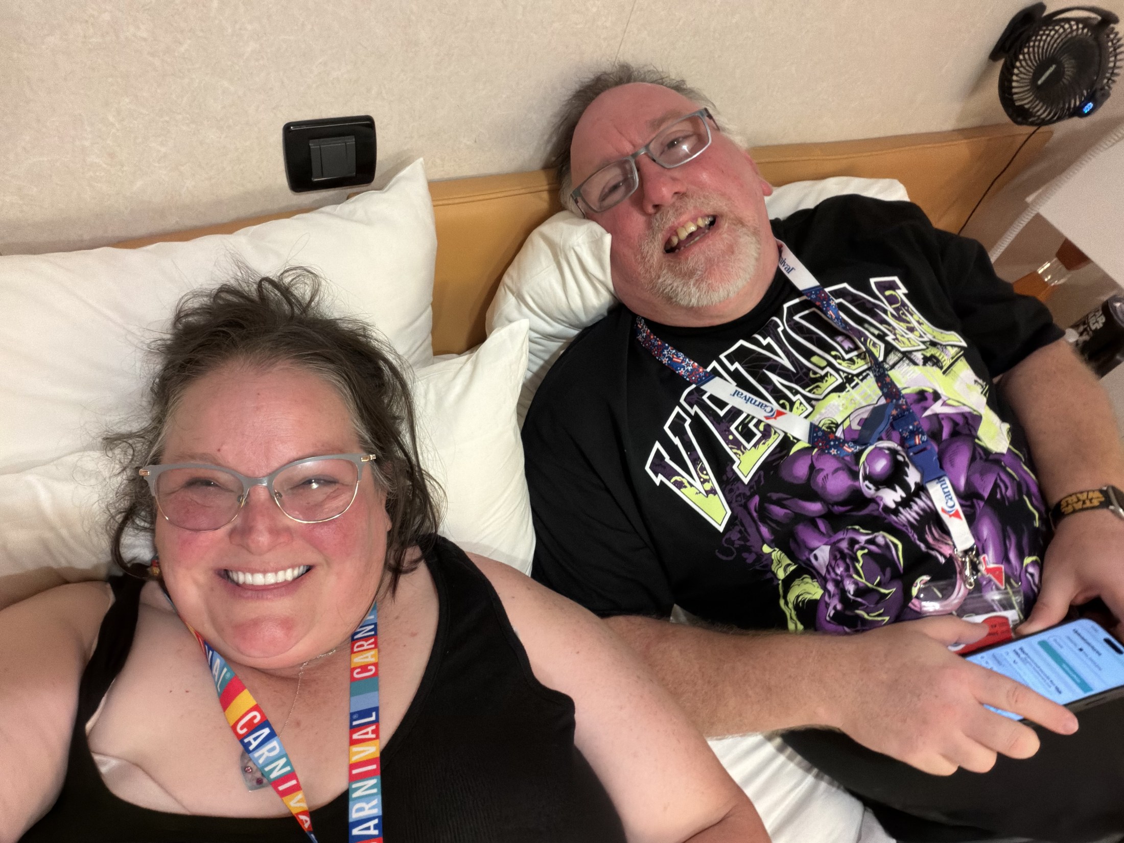 Maybe a little drunk. Chillin in our room waiting for our first port.